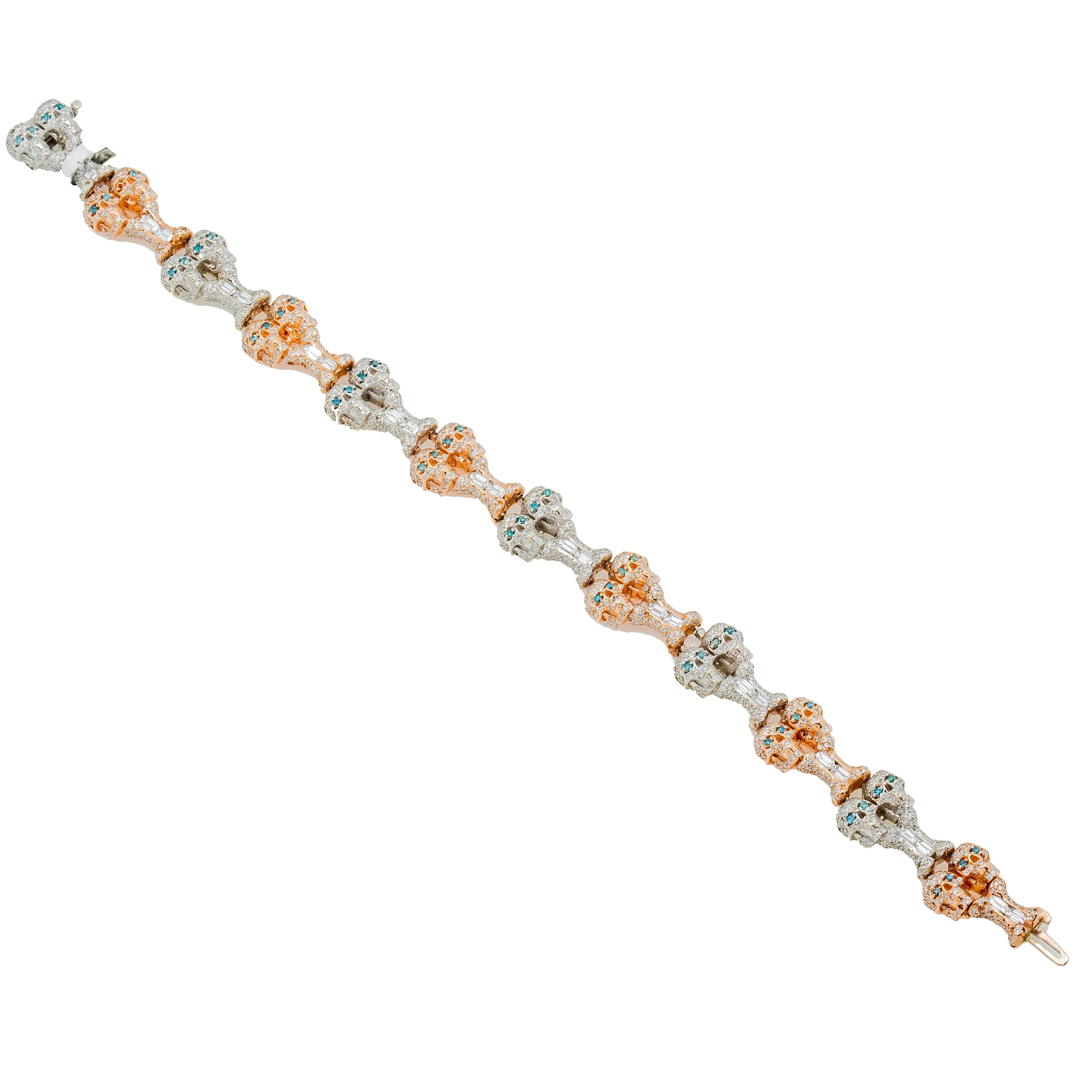 14k Two Tone Gold Diamond Skulls Bracelet 8.18 Ctw