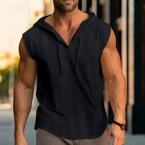 2024 Men's summer fashion casual cotton and linen sports personality front button drawstring hoodie jumper