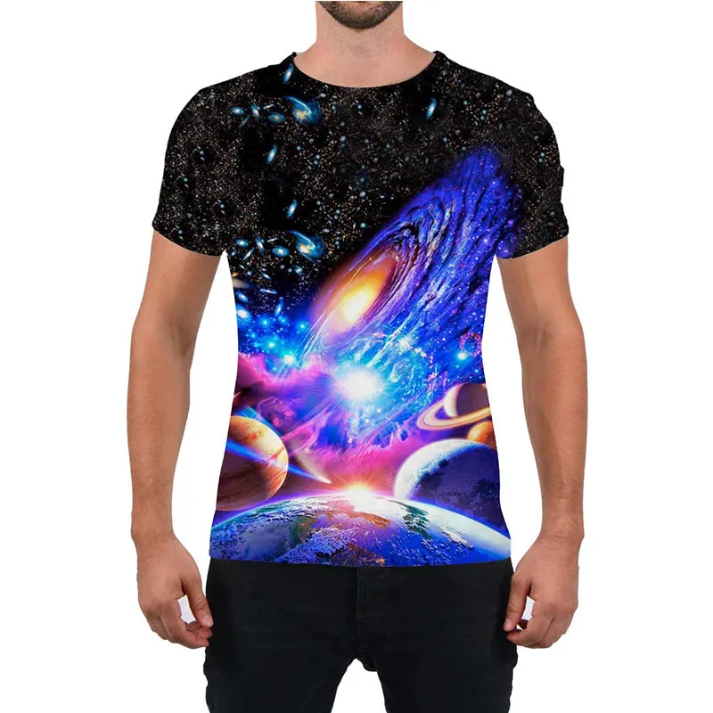 3D Graphic Printed Short Sleeve Shirts Galaxy Space
