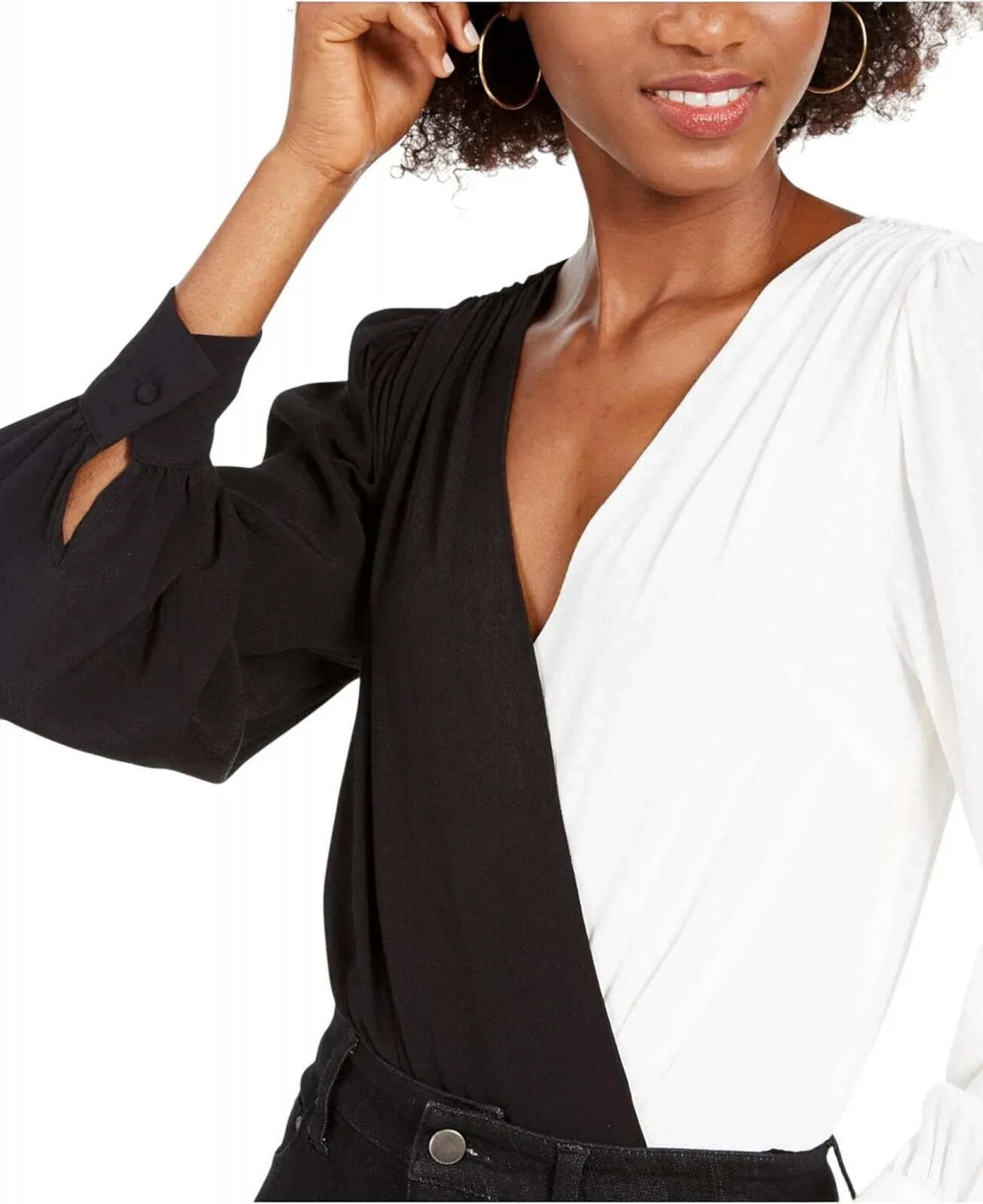 4si3nna Black Thong Back Surplice Neckline Color Block Bodysuit Black / White L