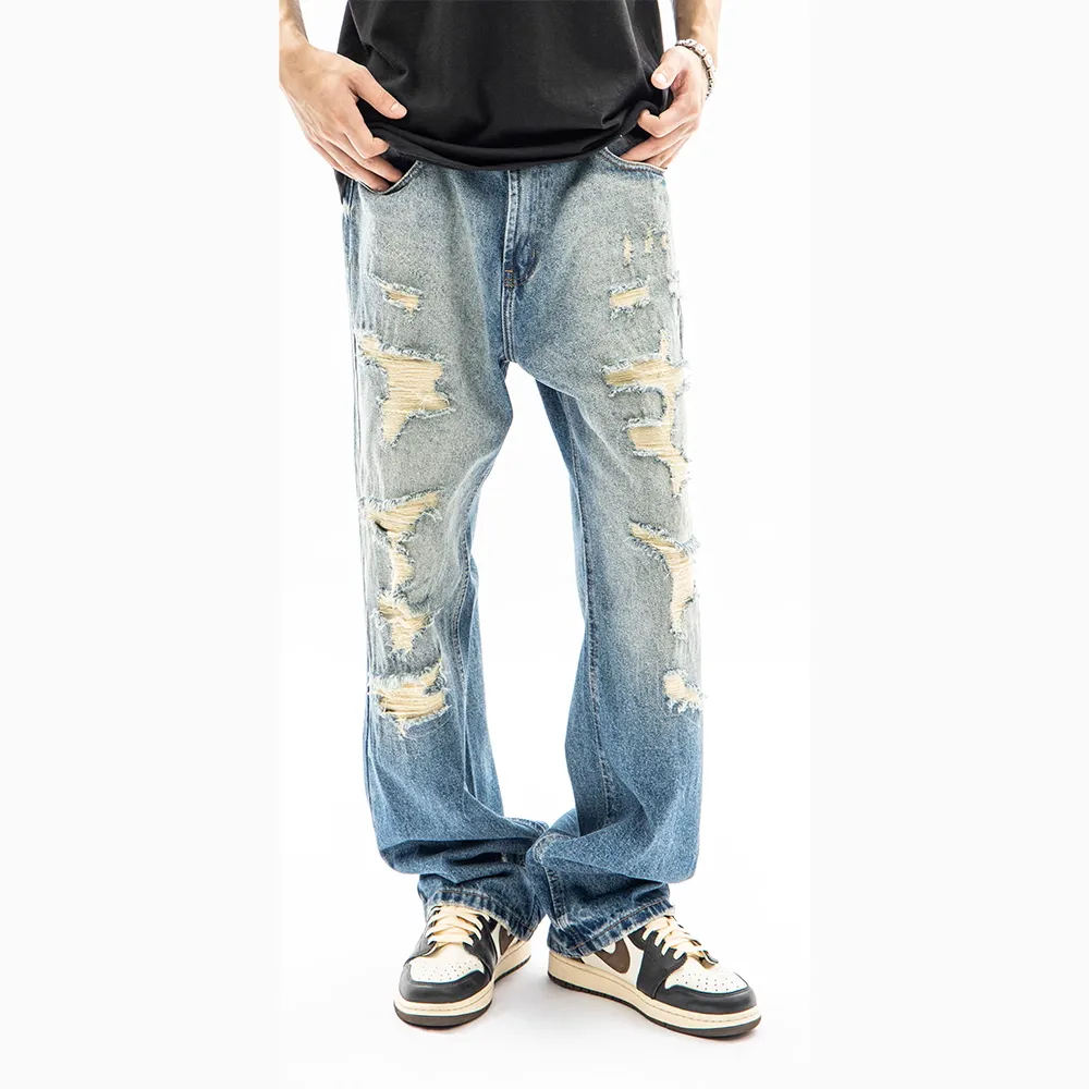 American High Street Washed Fake Hole Gradient Ripped Jeans