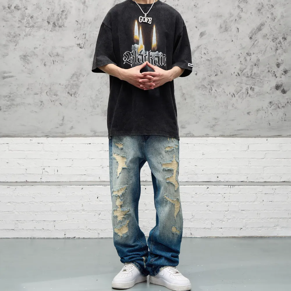 American High Street Washed Fake Hole Gradient Ripped Jeans