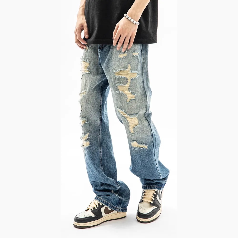 American High Street Washed Fake Hole Gradient Ripped Jeans