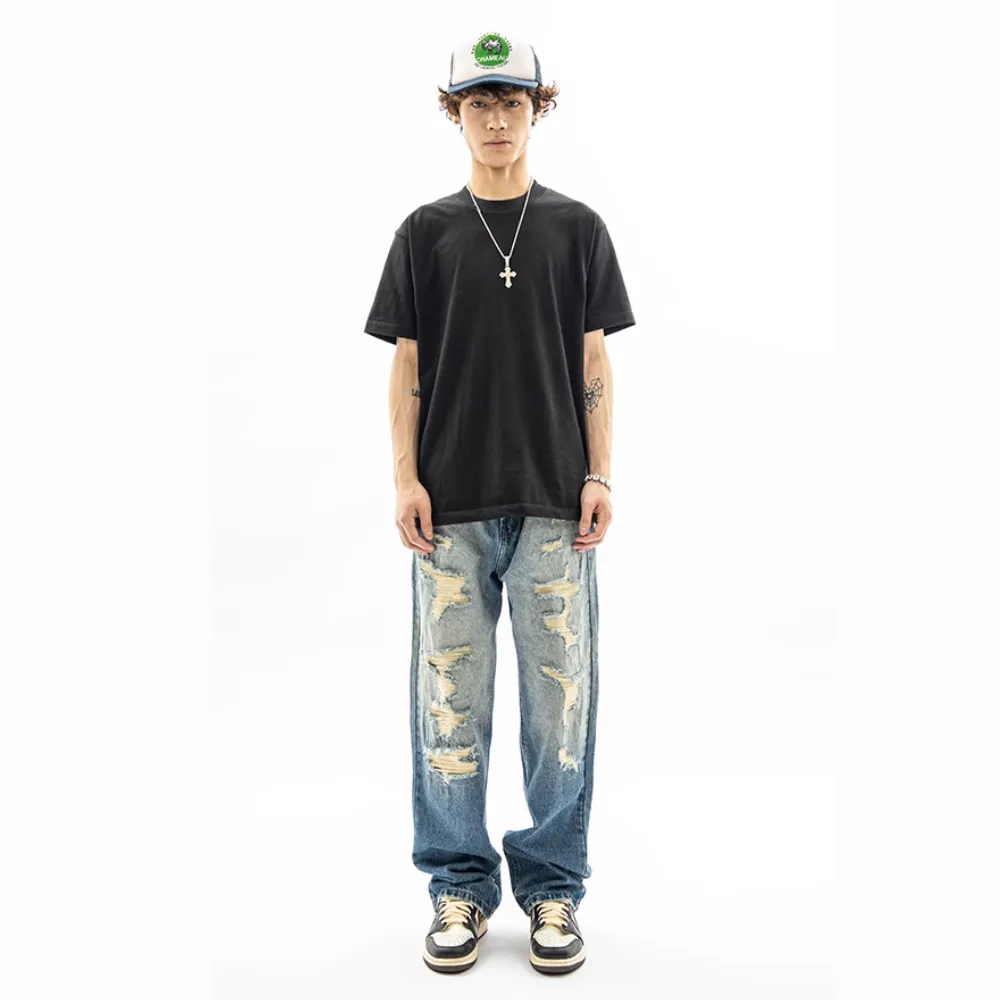 American High Street Washed Fake Hole Gradient Ripped Jeans