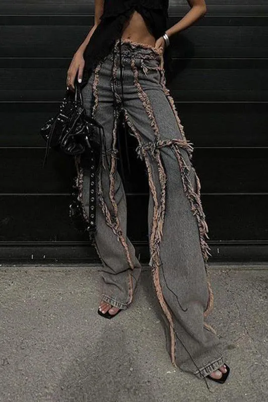American street style raw-edge split jeans