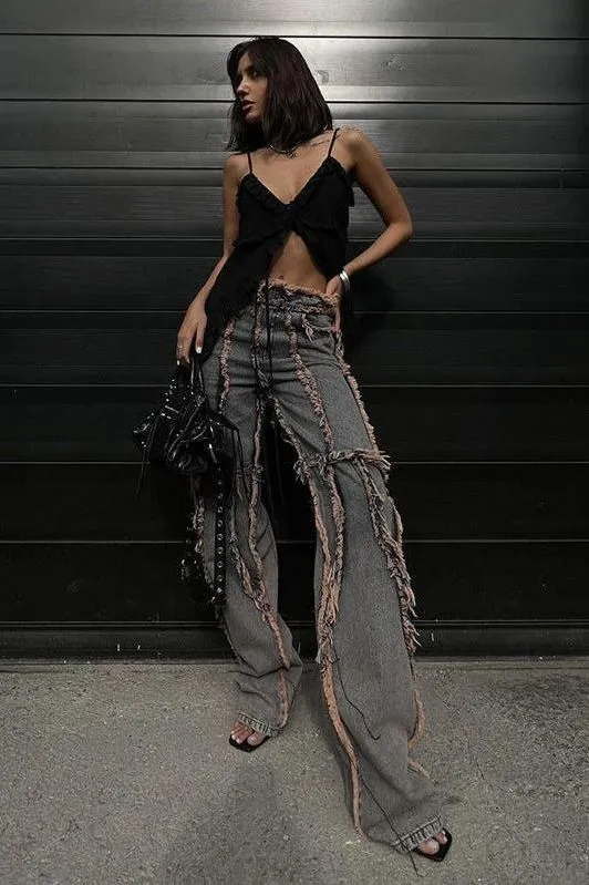 American street style raw-edge split jeans