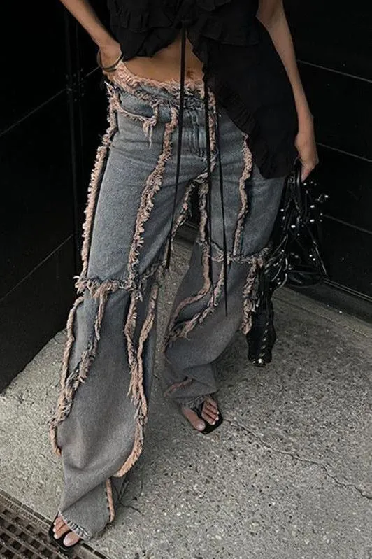 American street style raw-edge split jeans