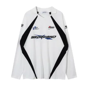 American Style Street Trendy Contrast Color Stitching Polo Collar Long-sleeved Men's Sweatshirt Spring And Autumn Racing Suit V-neck Lapel Sports T-shirt