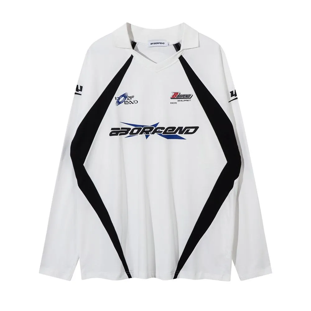 American Style Street Trendy Contrast Color Stitching Polo Collar Long-sleeved Men's Sweatshirt Spring And Autumn Racing Suit V-neck Lapel Sports T-shirt
