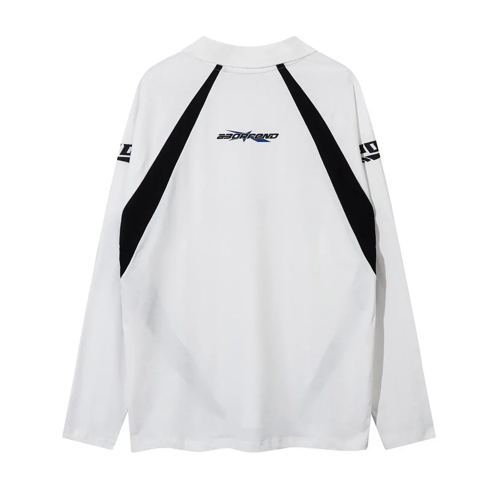 American Style Street Trendy Contrast Color Stitching Polo Collar Long-sleeved Men's Sweatshirt Spring And Autumn Racing Suit V-neck Lapel Sports T-shirt