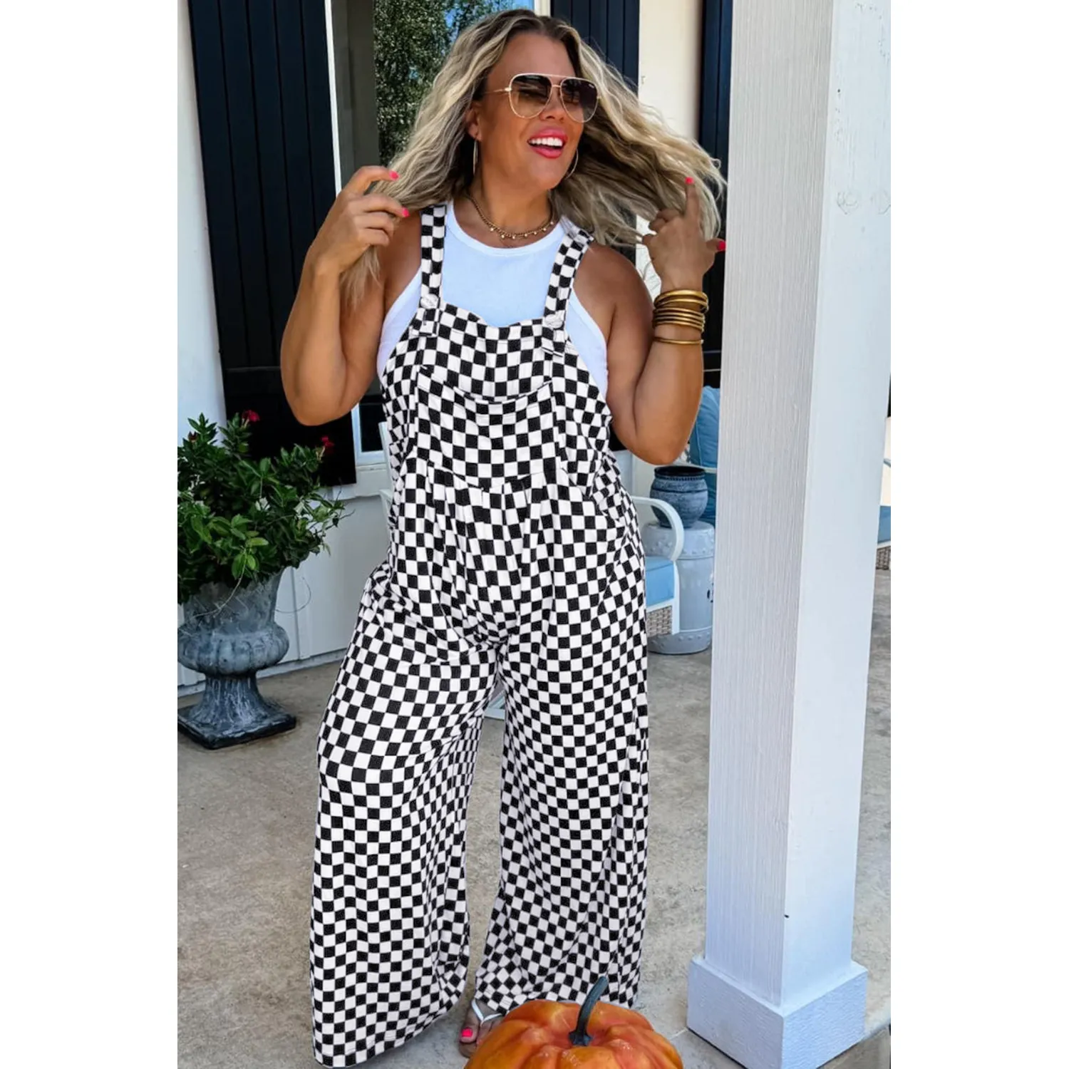 Black Checkered Print Pocketed Wide Leg Jumpsuit