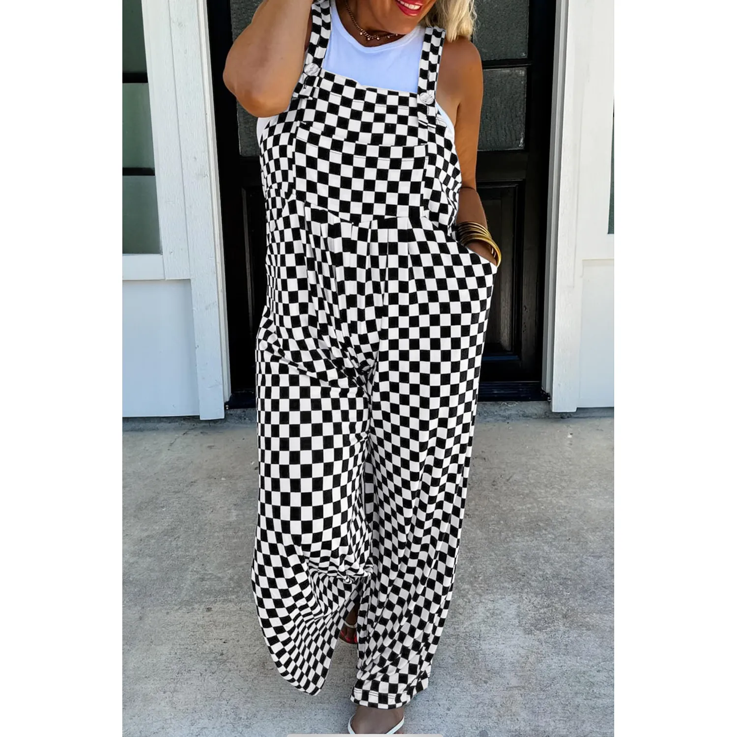 Black Checkered Print Pocketed Wide Leg Jumpsuit