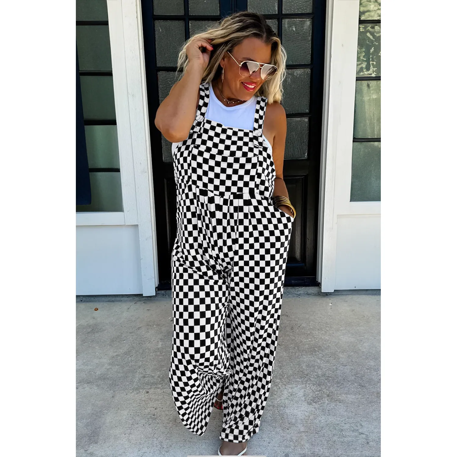 Black Checkered Print Pocketed Wide Leg Jumpsuit
