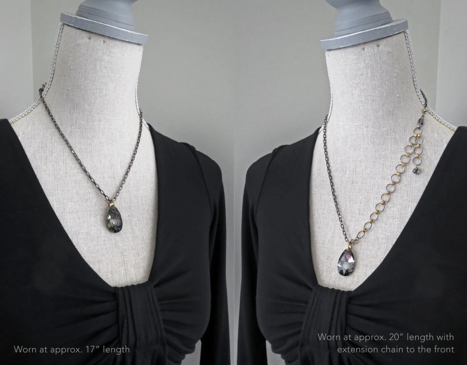 Black Night Crystal Teardrop Pendant Necklace with Gold Accents