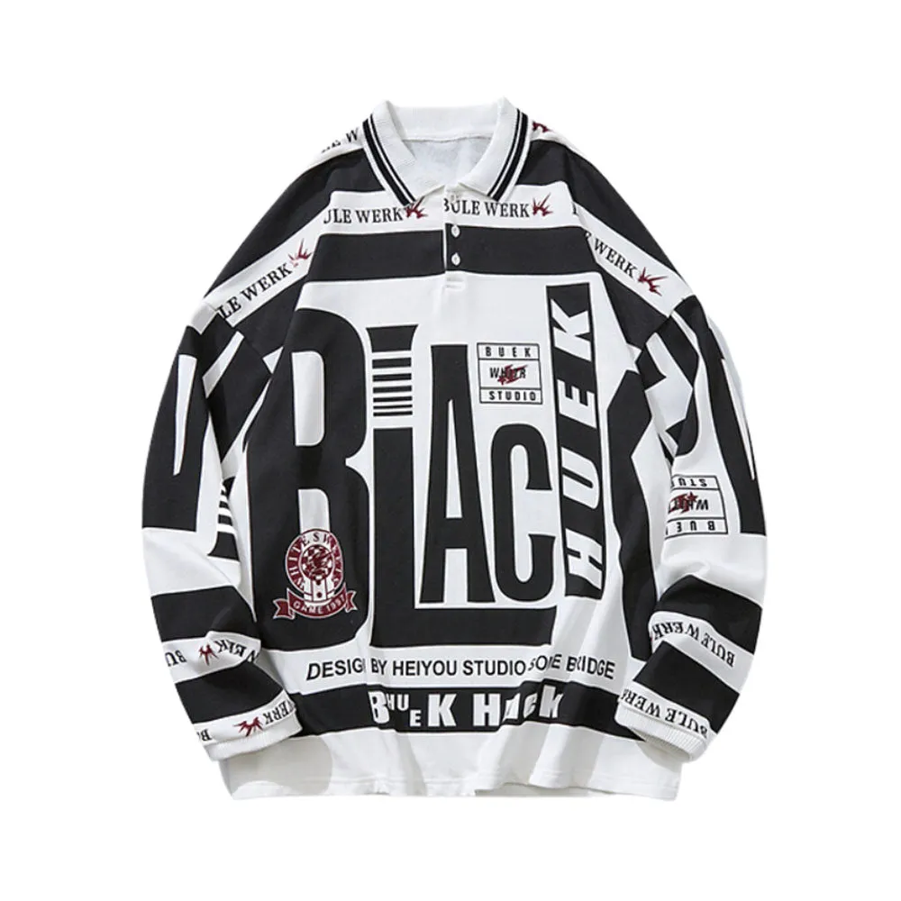 Bold Letter Pattern Polo Sweatshirt