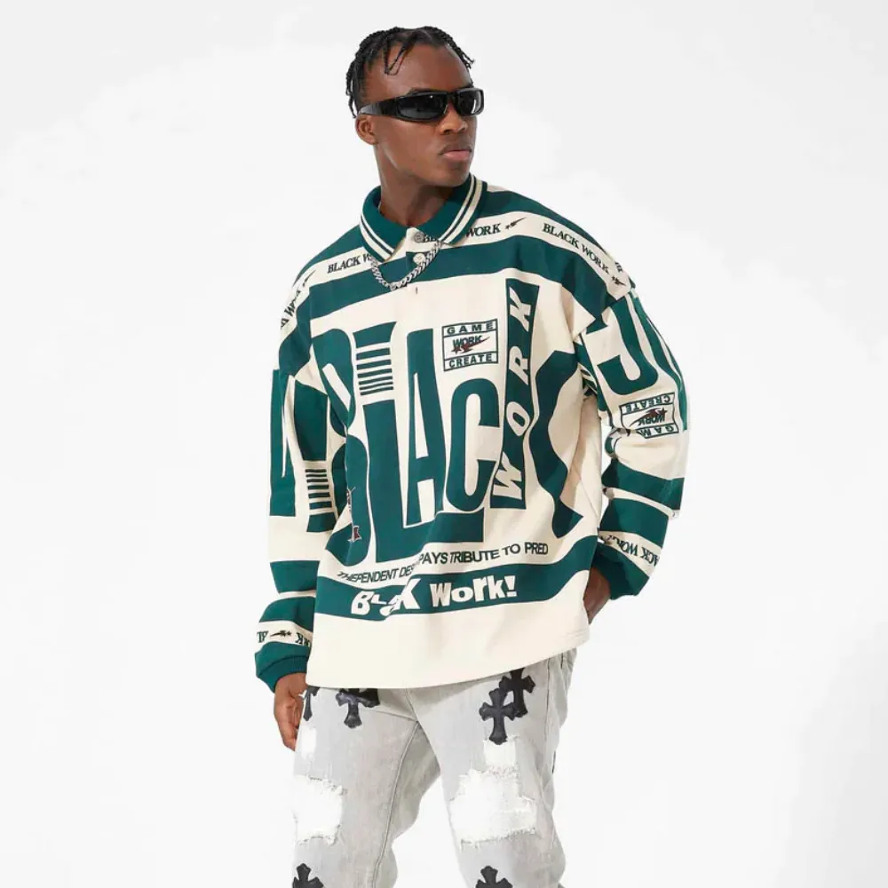 Bold Letter Pattern Polo Sweatshirt