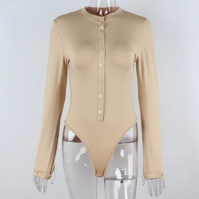 Button Rompers Women Bodysuits Winter Long Sleeve O-neck Ribbed Skinny Jumpsuits Streetwear Body Top
