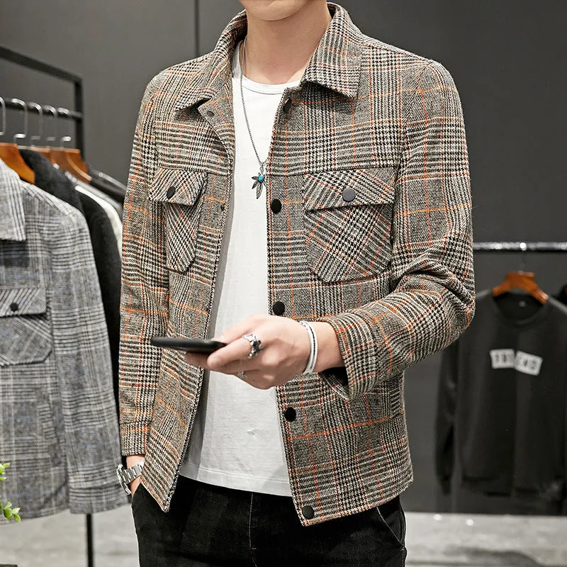 Casual Cropped Lapel Plaid Jacket