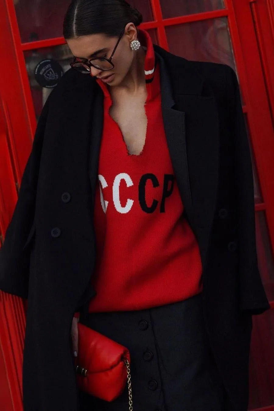 CCCP Letter Embroidery Stand Collar Hollow Knit Sweater