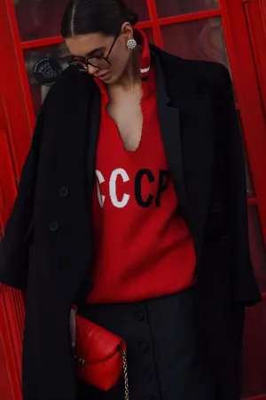 CCCP Letter Embroidery Stand Collar Hollow Knit Sweater