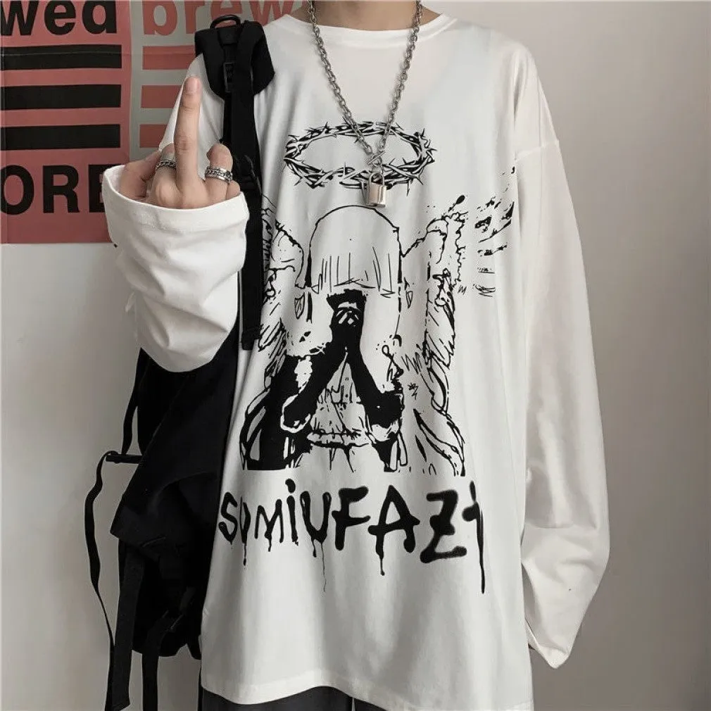 ContiNent 33 Men Long Sleeve T-shirts Autumn Print Gothic Vintage Ulzzang Cozy High Street Streetwear 5XL Baggy Korean Trendy