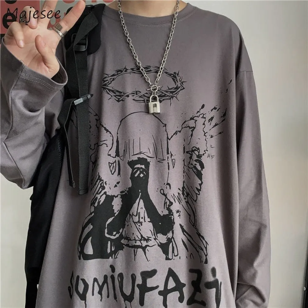 ContiNent 33 Men Long Sleeve T-shirts Autumn Print Gothic Vintage Ulzzang Cozy High Street Streetwear 5XL Baggy Korean Trendy