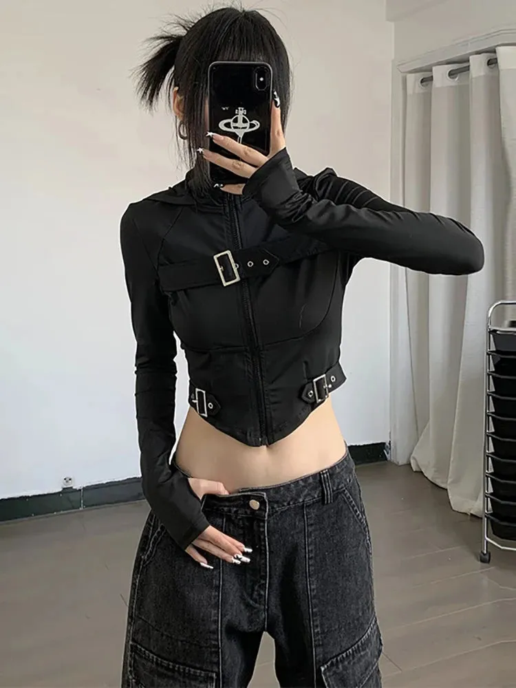 Cyber Techwear Hooded Crop Jacket