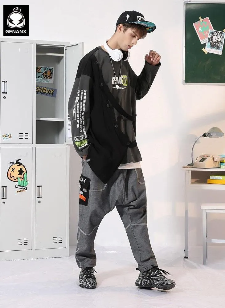 Dark Gray Street Asymmetric Tiered Spliced Print Sweatshirt