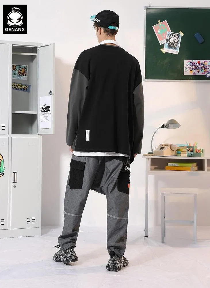 Dark Gray Street Asymmetric Tiered Spliced Print Sweatshirt