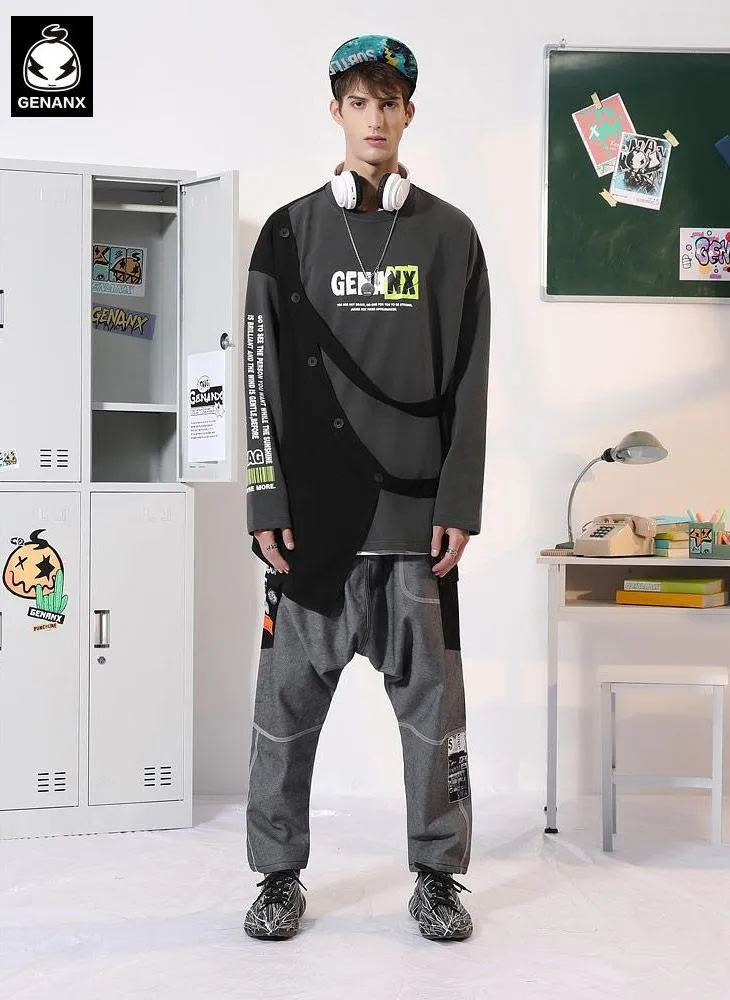 Dark Gray Street Asymmetric Tiered Spliced Print Sweatshirt