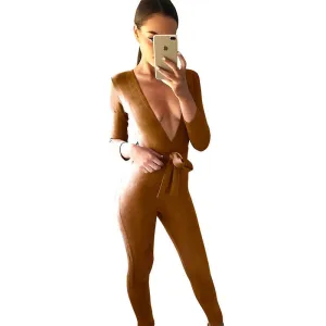 Deep v neck suede belt bodycon jumpsuit romper fitness brown party women jumpsuit Casual fashion overalls