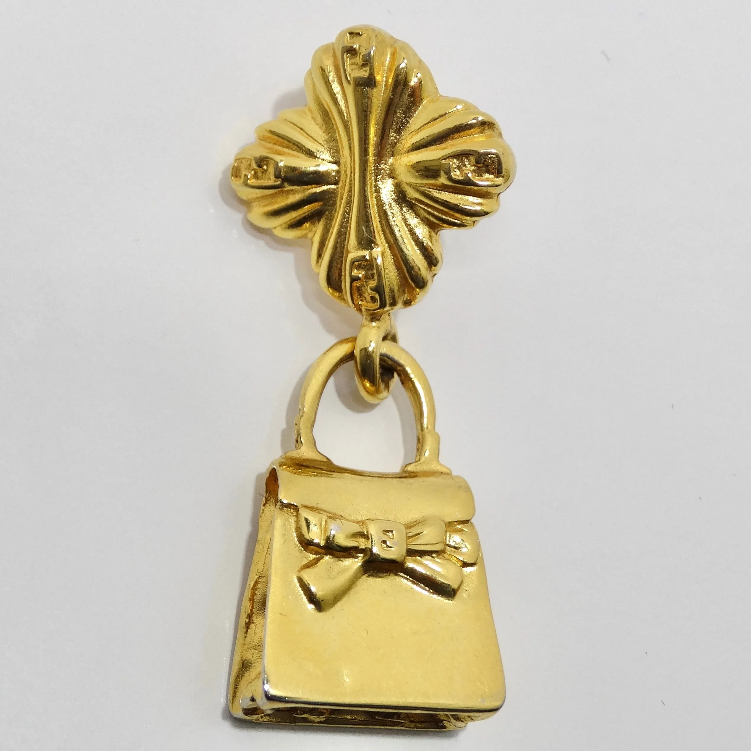 Fendi 1980s Gold Tone Purse High Heel Earrings