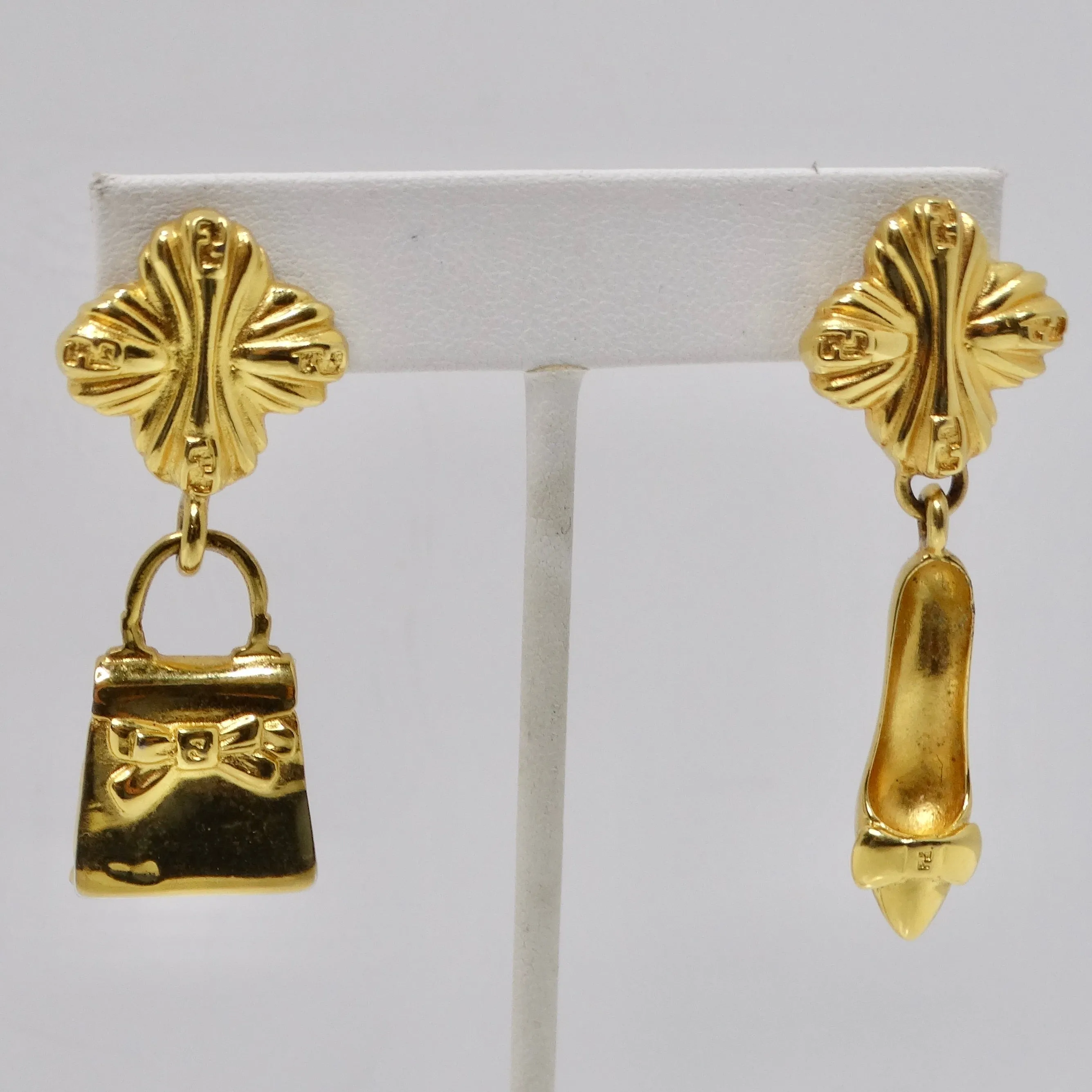 Fendi 1980s Gold Tone Purse High Heel Earrings