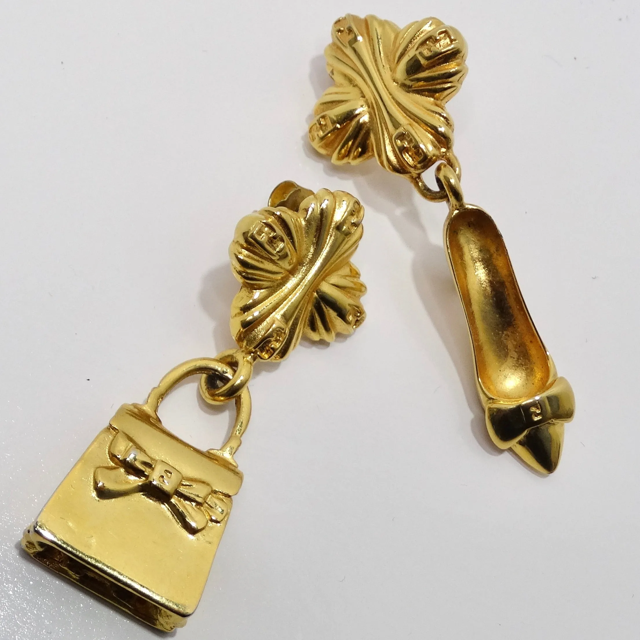 Fendi 1980s Gold Tone Purse High Heel Earrings