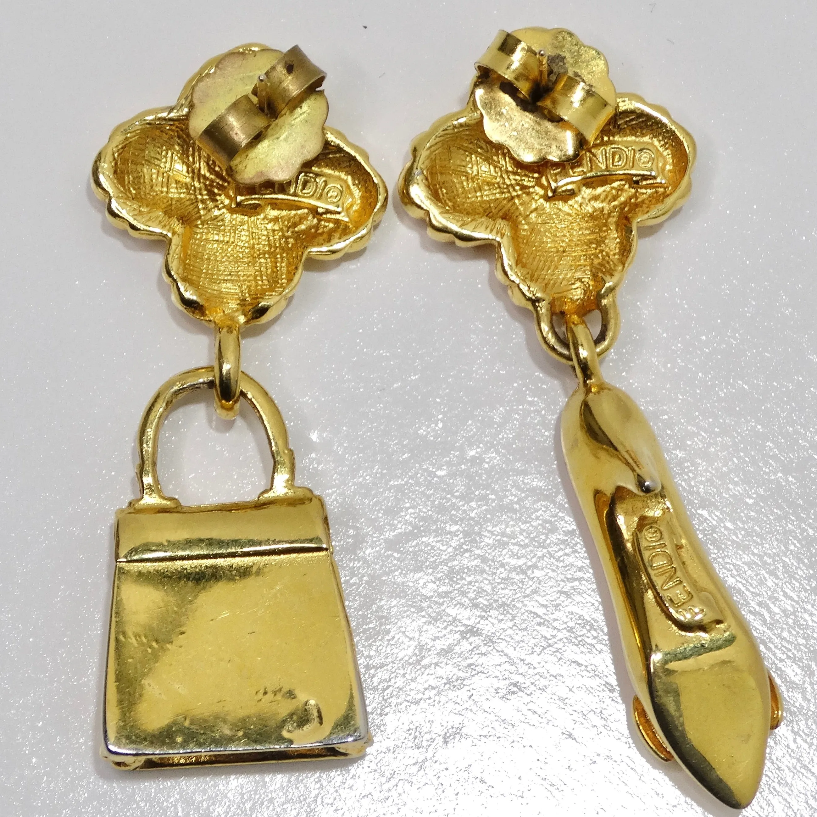 Fendi 1980s Gold Tone Purse High Heel Earrings