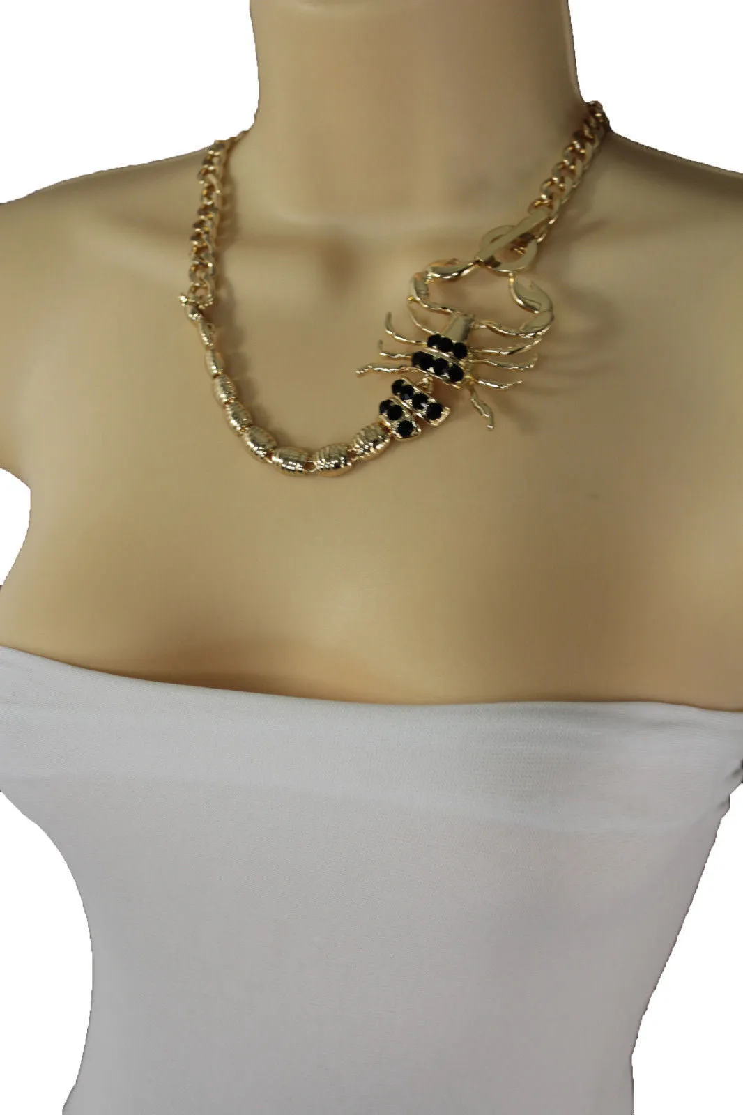 Gold Metal Chain Pearl Bead Choker Short Necklace Silver Black Rhinestones Big Scorpion Pendant