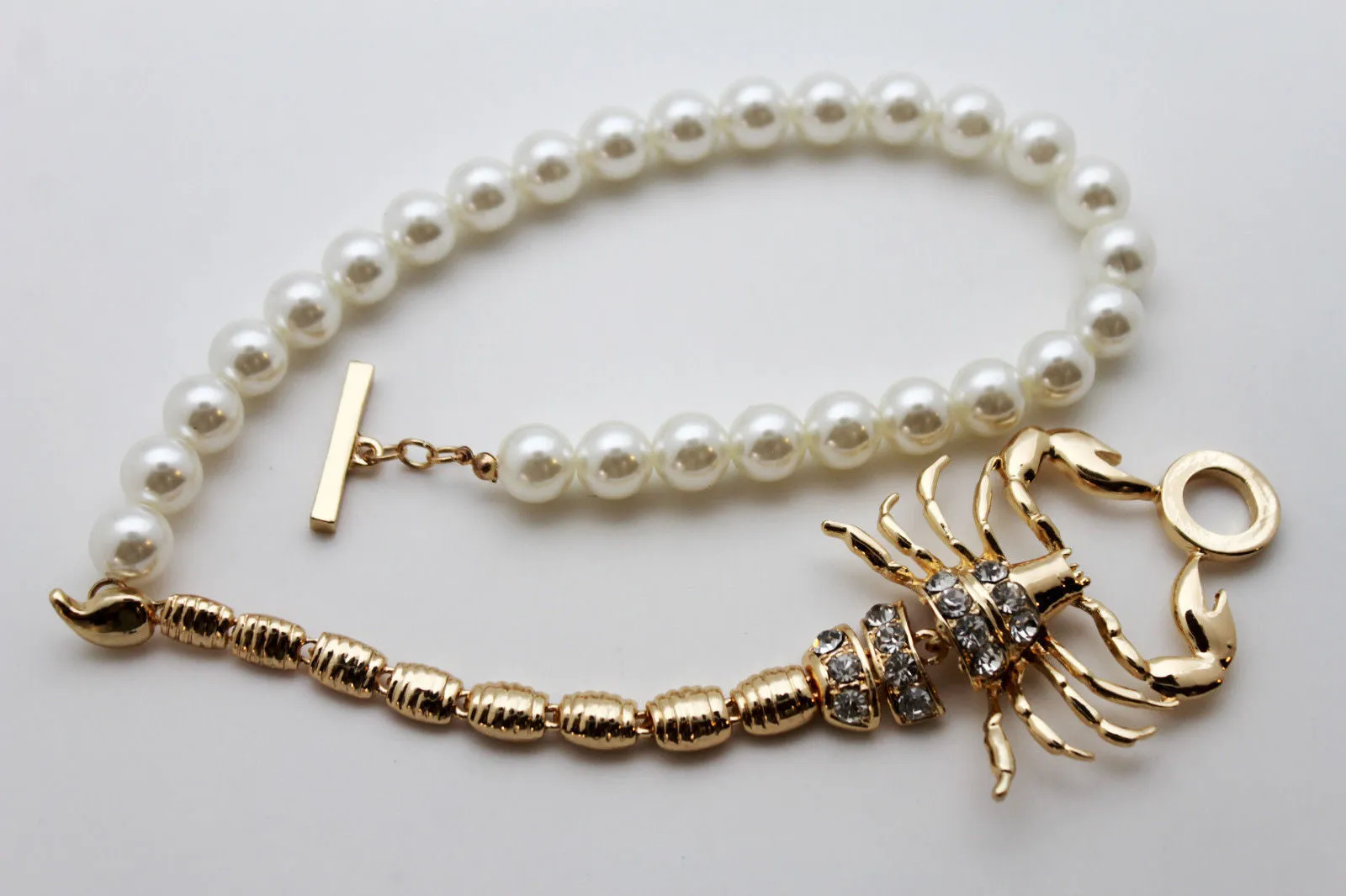 Gold Metal Chain Pearl Bead Choker Short Necklace Silver Black Rhinestones Big Scorpion Pendant