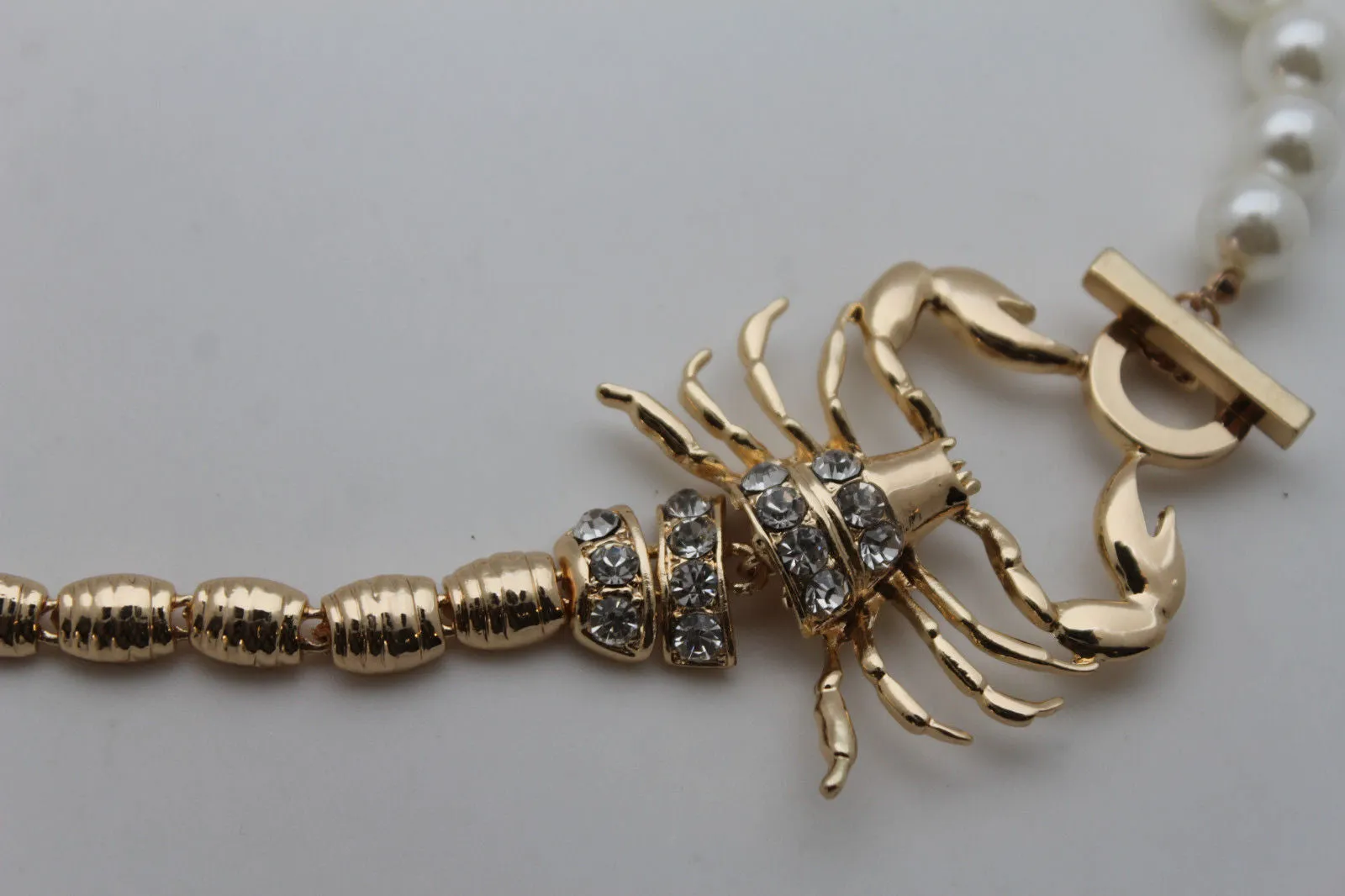 Gold Metal Chain Pearl Bead Choker Short Necklace Silver Black Rhinestones Big Scorpion Pendant