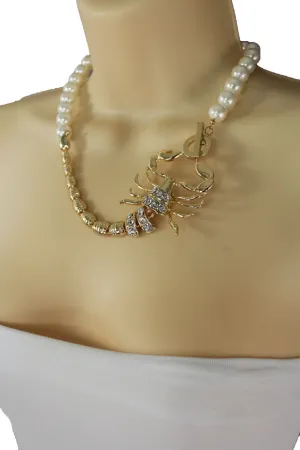 Gold Metal Chain Pearl Bead Choker Short Necklace Silver Black Rhinestones Big Scorpion Pendant