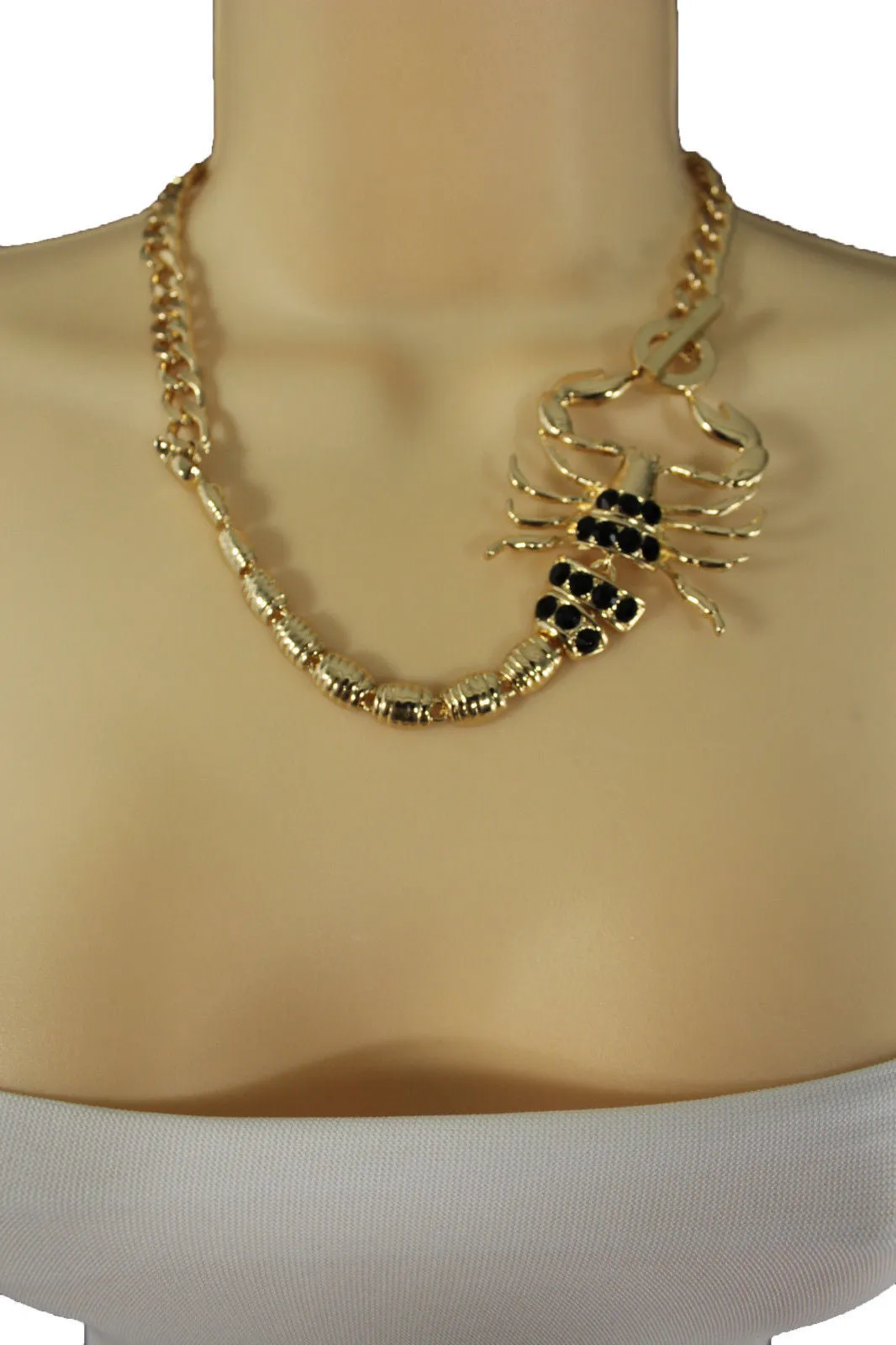 Gold Metal Chain Pearl Bead Choker Short Necklace Silver Black Rhinestones Big Scorpion Pendant