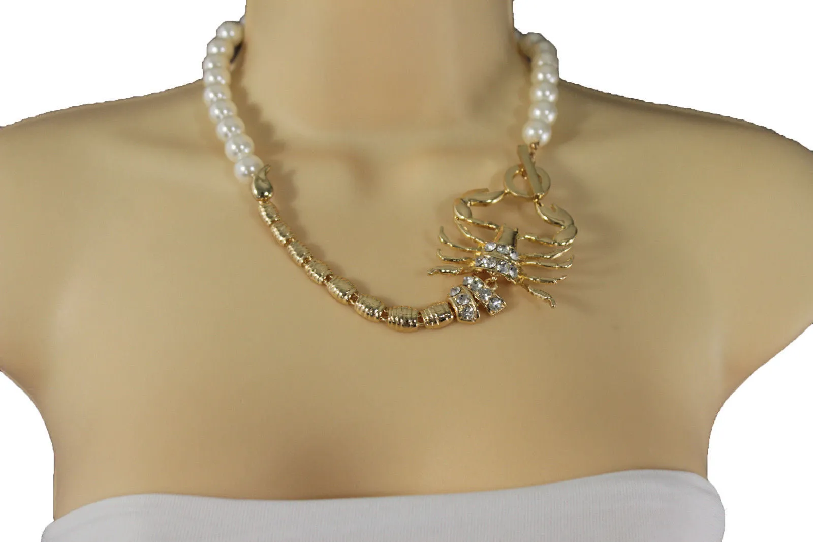 Gold Metal Chain Pearl Bead Choker Short Necklace Silver Black Rhinestones Big Scorpion Pendant