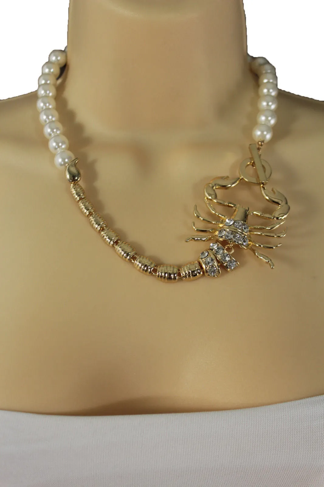 Gold Metal Chain Pearl Bead Choker Short Necklace Silver Black Rhinestones Big Scorpion Pendant