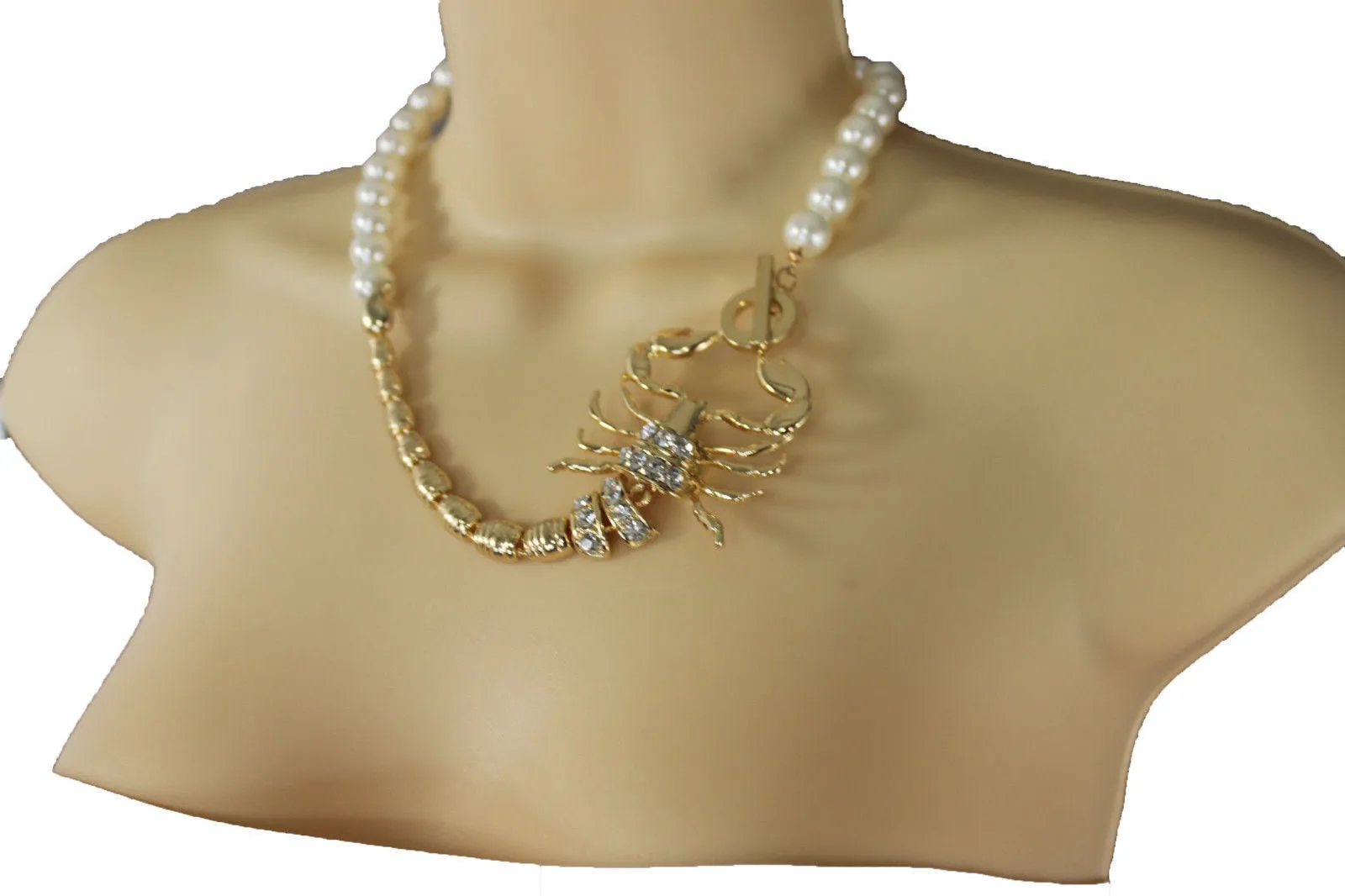 Gold Metal Chain Pearl Bead Choker Short Necklace Silver Black Rhinestones Big Scorpion Pendant