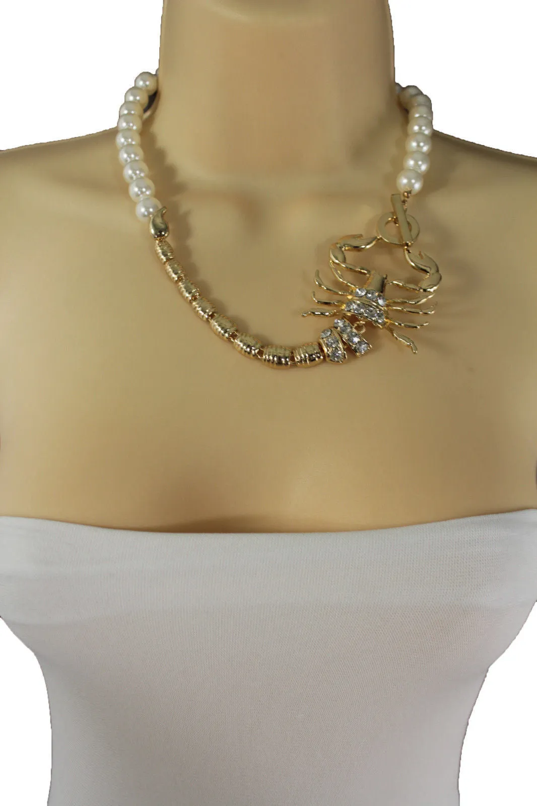 Gold Metal Chain Pearl Bead Choker Short Necklace Silver Black Rhinestones Big Scorpion Pendant