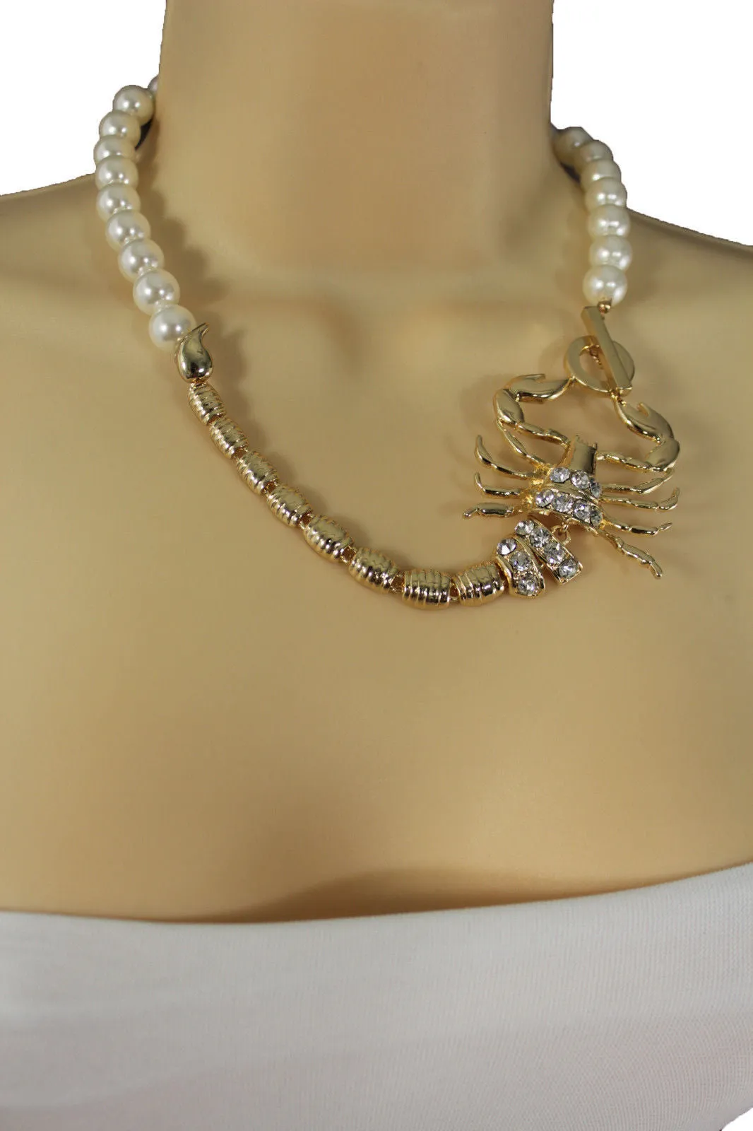 Gold Metal Chain Pearl Bead Choker Short Necklace Silver Black Rhinestones Big Scorpion Pendant