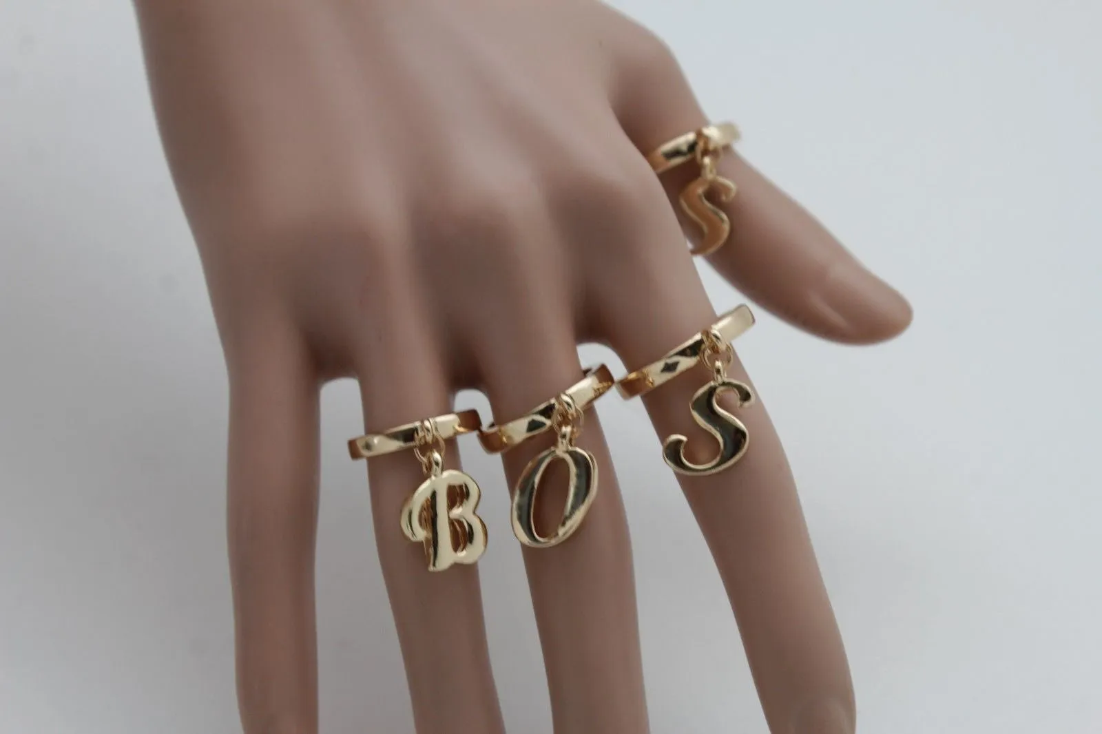 Gold Metal Wide Band 4 Fingers Rings Set BOSS Women Trendy
