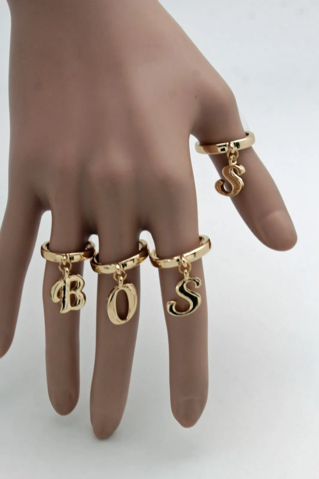 Gold Metal Wide Band 4 Fingers Rings Set BOSS Women Trendy