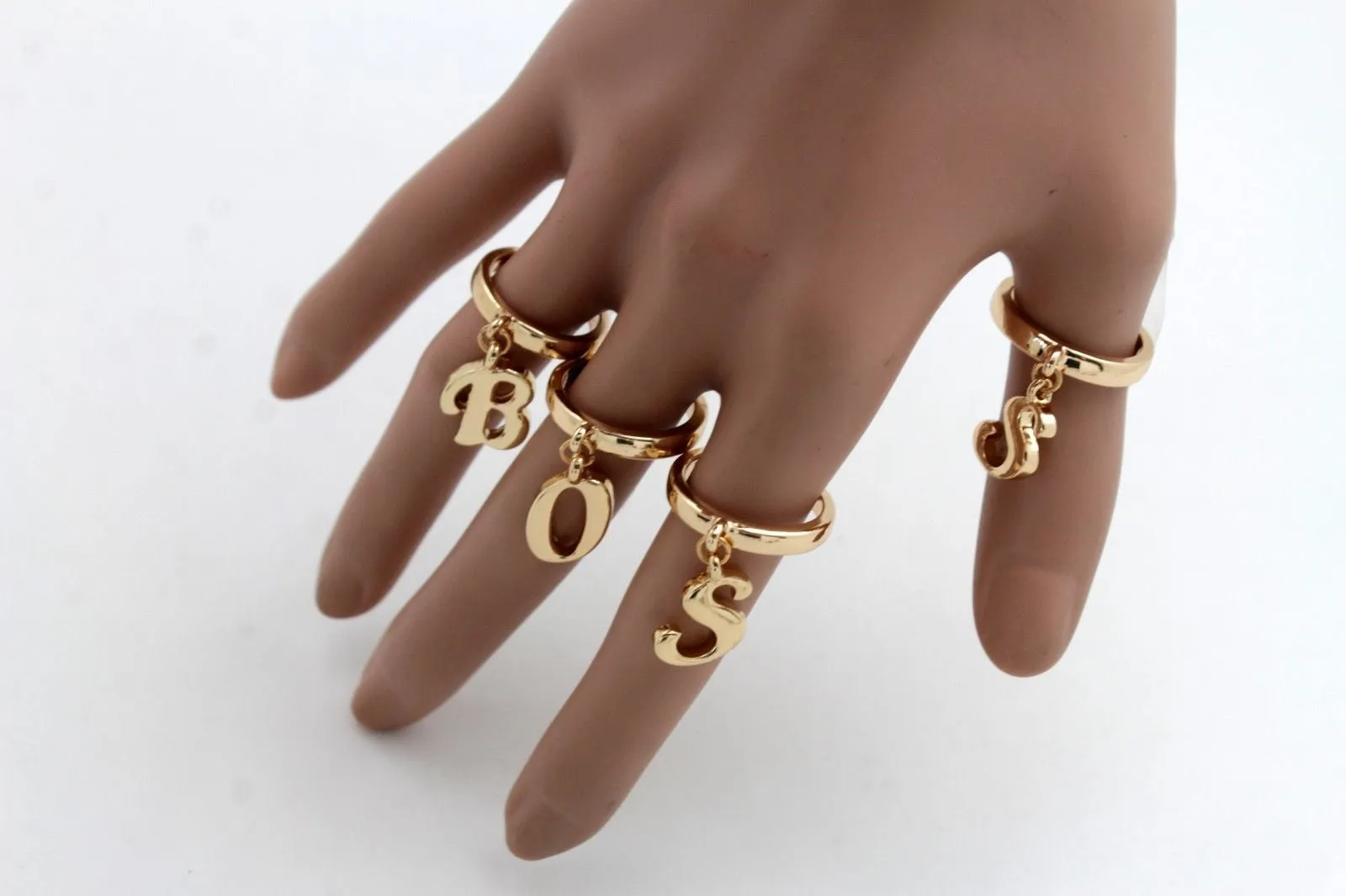 Gold Metal Wide Band 4 Fingers Rings Set BOSS Women Trendy