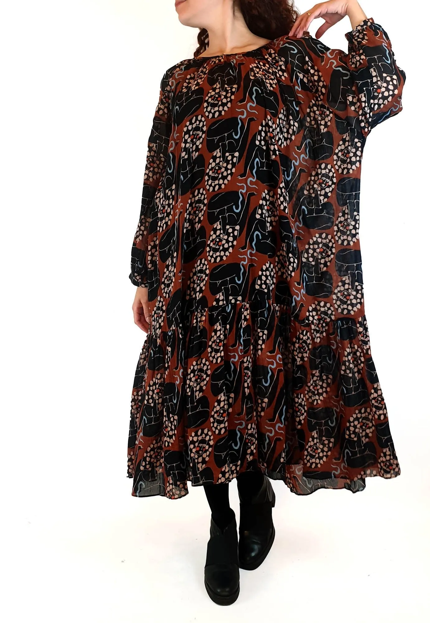 Gorman   Claire Johnson earthy toned print long sleeve dress size 10