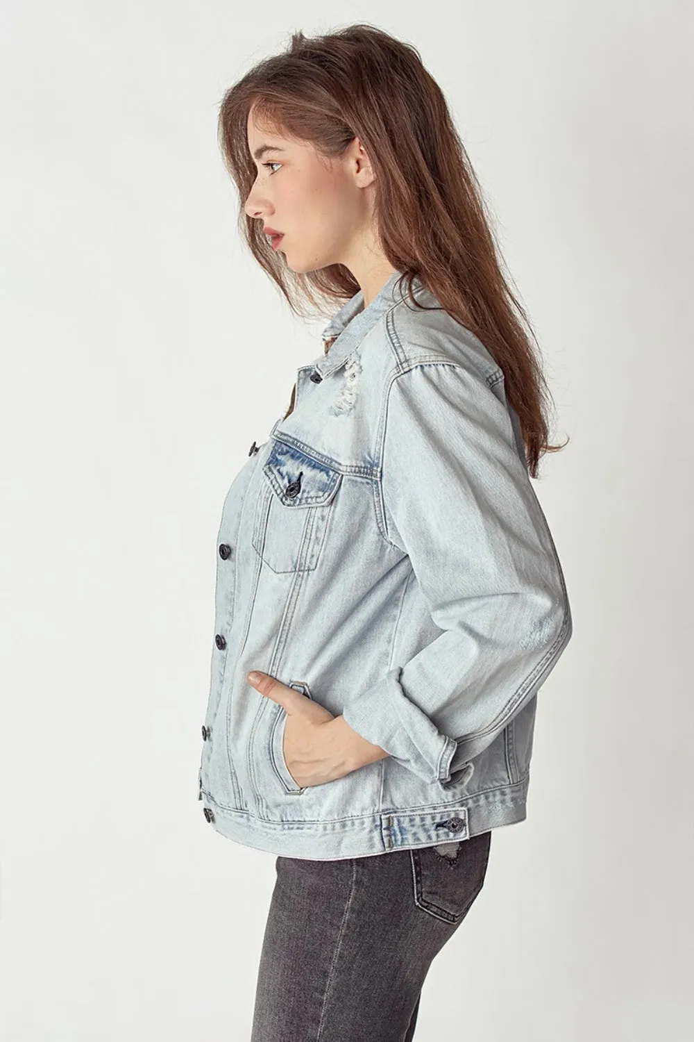 Hazel Blues® |  RISEN Distressed Button Up Jacket